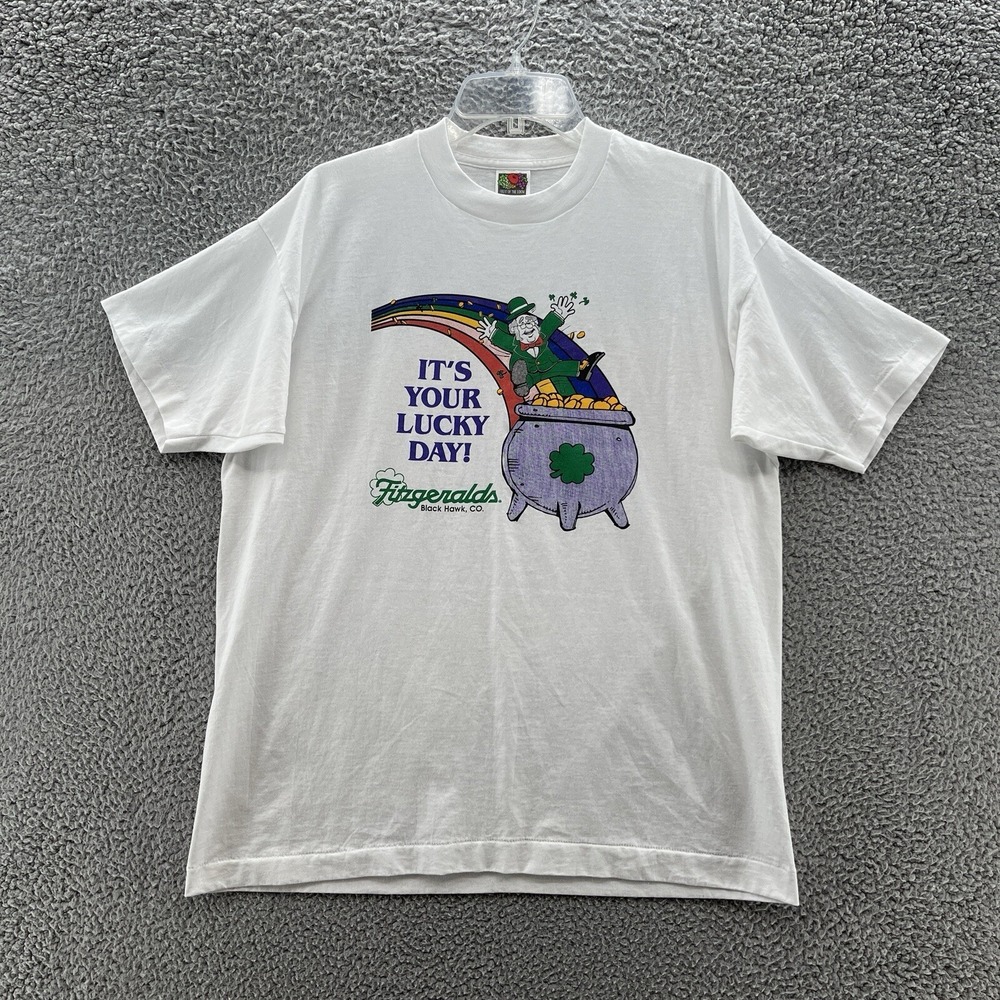VTG Fitzgerlds T Shirt Mens XL White Fruit Loom USA Lucky Pot of Gold Colorado